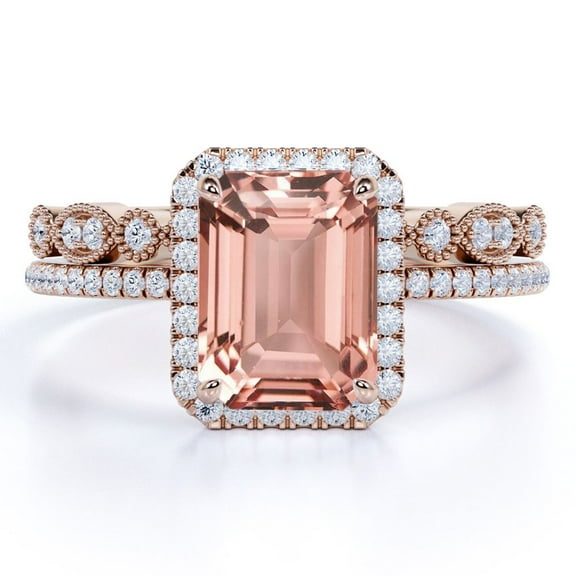 JeenMata 1.50 Carat Emerald Cut created morganite Bridal Set in 18k Rose Gold over Silver with Art Deco Band