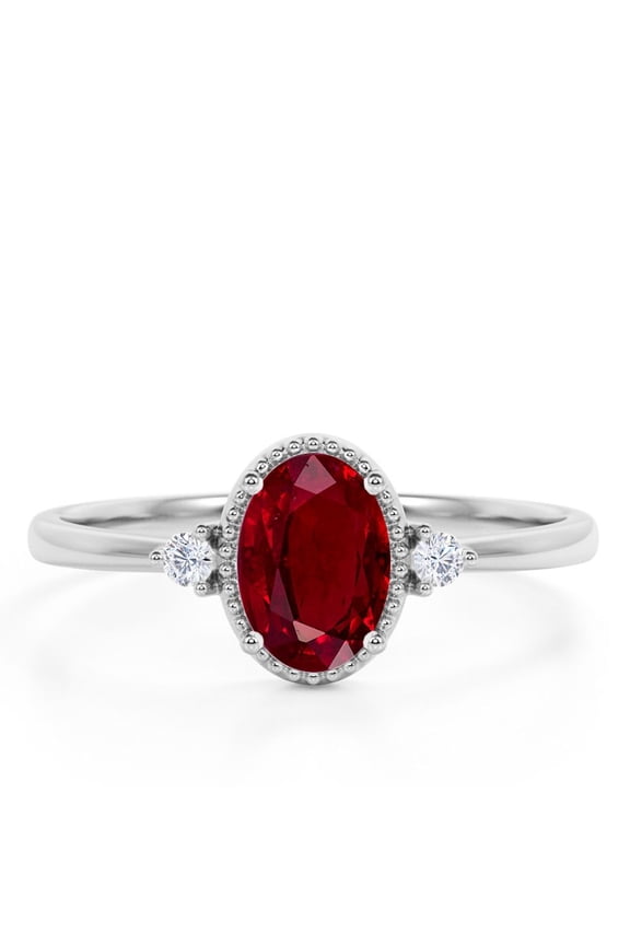 1. 50 Carat Milgrain Artdeco Oval Cut Sunset Lab Created Ruby and Moissanite Engagement Ring in 18K White Gold Plating over Silver