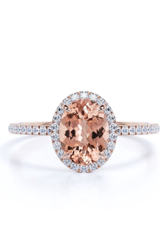 1.50 Carat Oval Cut Peach created Morganite and Moissanite Halo Pave Set Engagement Ring in 18K Rose Gold over Silver