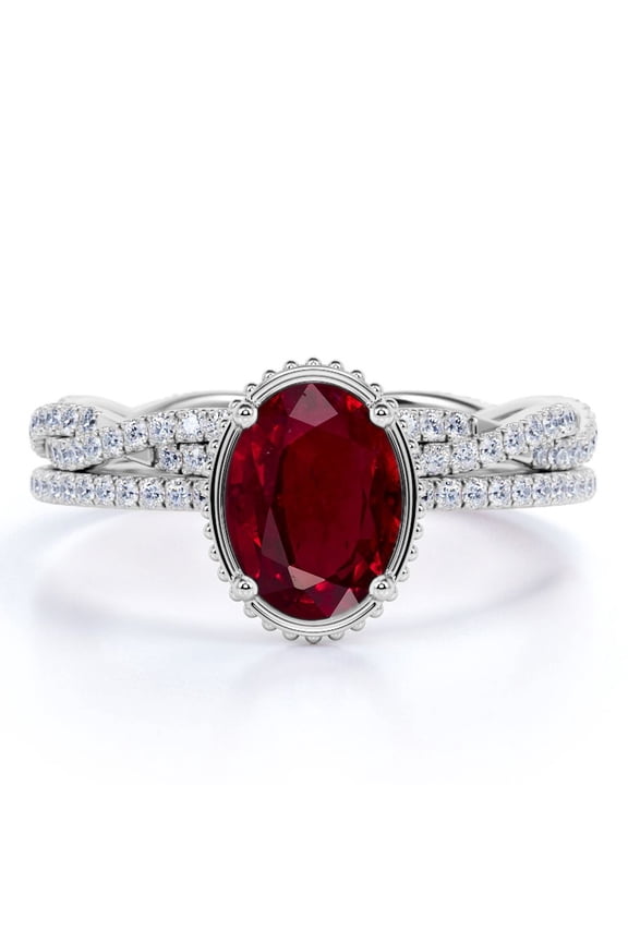 1.50 Carat Oval Sunset Lab Created Ruby Wedding Set - Pave Ring Band - 18k White Gold over Silver