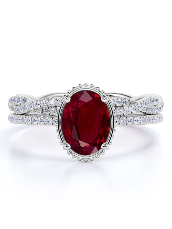1.50 Carat Oval Sunset Lab Created Ruby Wedding Set - Pave Ring Band - 18k White Gold over Silver