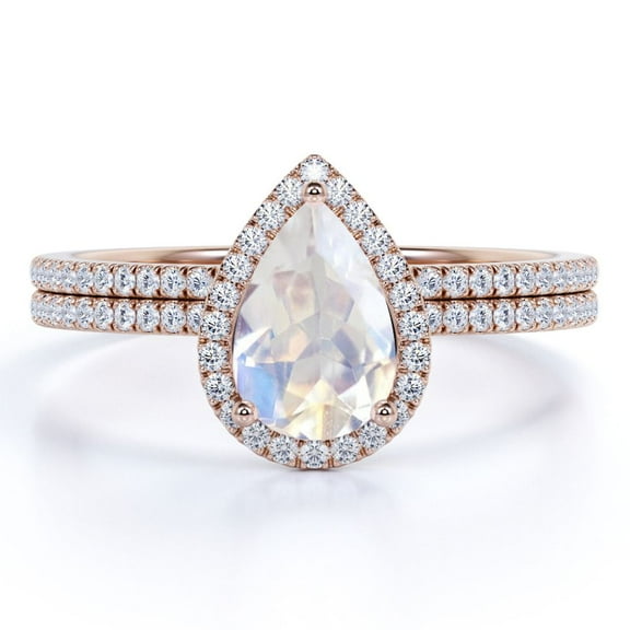 JeenMata 1.50 Carat Pear Shaped Rainbow Moonstone and Moissanite Halo Bridal Set in 18k Rose Gold over Silver