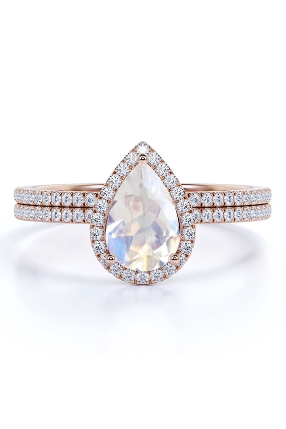 1.50 Carat Pear Shaped Rainbow Moonstone and Moissanite Halo Bridal Set in 18k Rose Gold over Silver