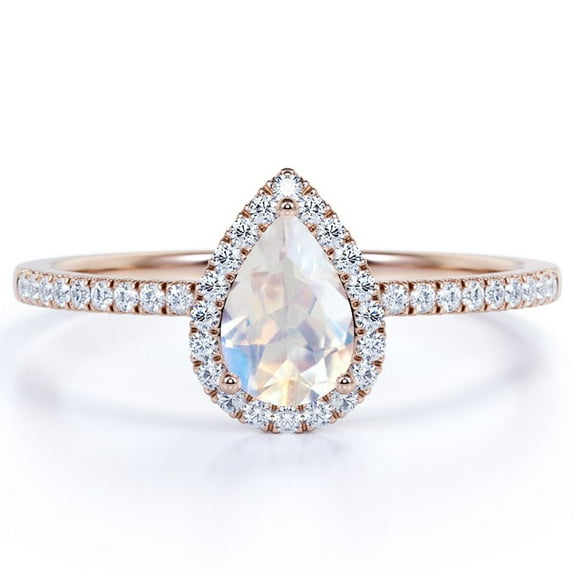 JeenMata 1.25 Carat Pear Shaped Rainbow Moonstone and Moissanite Halo Wedding Ring in 18k Rose Gold over Silver