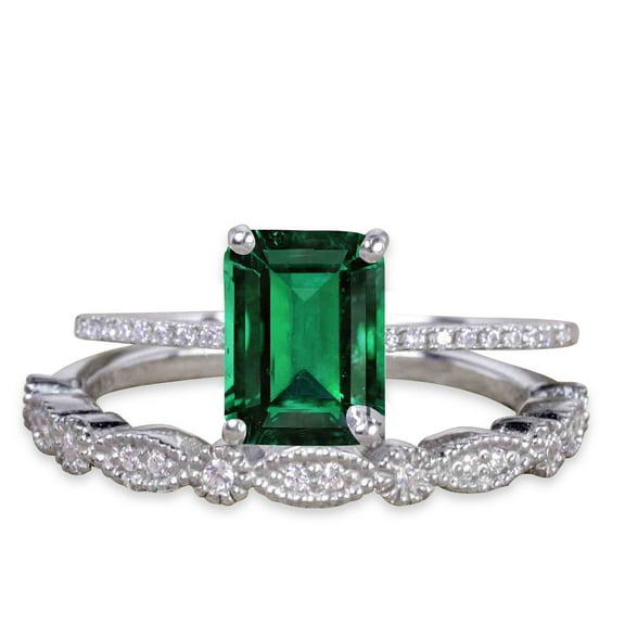 JeenMata 1.50 Carat Rectangle Lab Created Green Emerald Handmade Wedding Ring Set in 18k White Gold over Silver