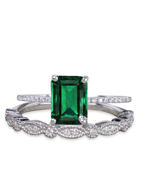 1.50 Carat Rectangle Lab Created Green Emerald Handmade Wedding Ring Set in 18k White Gold over Silver