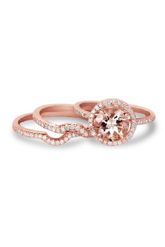 1.50 Carat Round Brilliant Cut Created Morganite Trio Wedding Ring Set in 18k Rose Gold over Silver