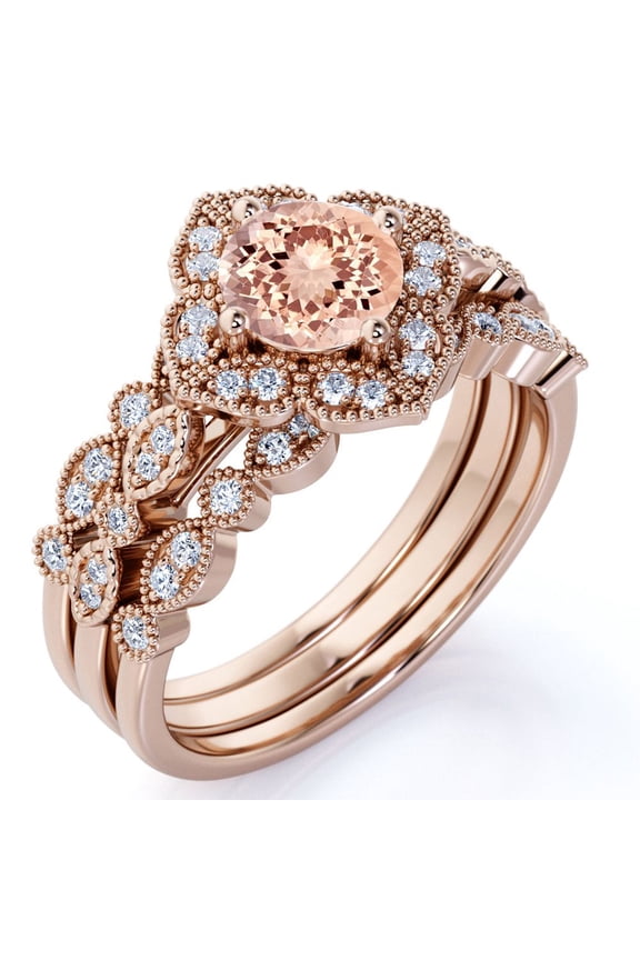 1.50 Carat Round Brilliant Cut created morganite Antique Trio Bridal Set in 18k Rose Gold over Silver