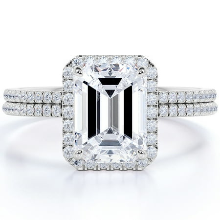 JeenMata 1.50 Carat emerald cut Moissanite Halo Bridal Set in 18k White Gold Over Silver