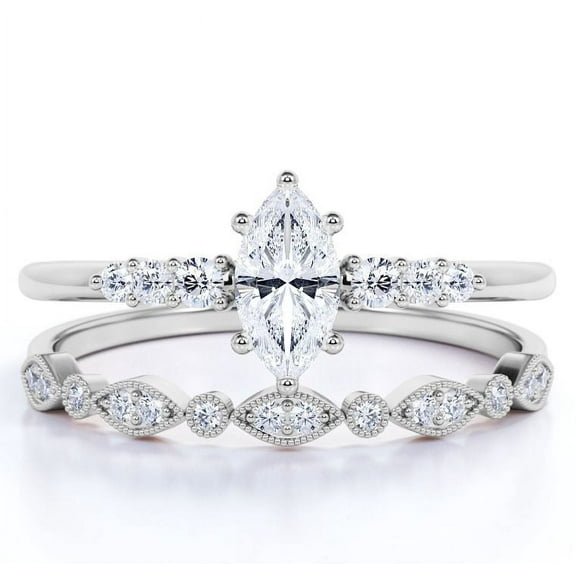 JeenMata 0.75 Carat marquise cut Wedding Ring Set in 18k White Gold Over Silver