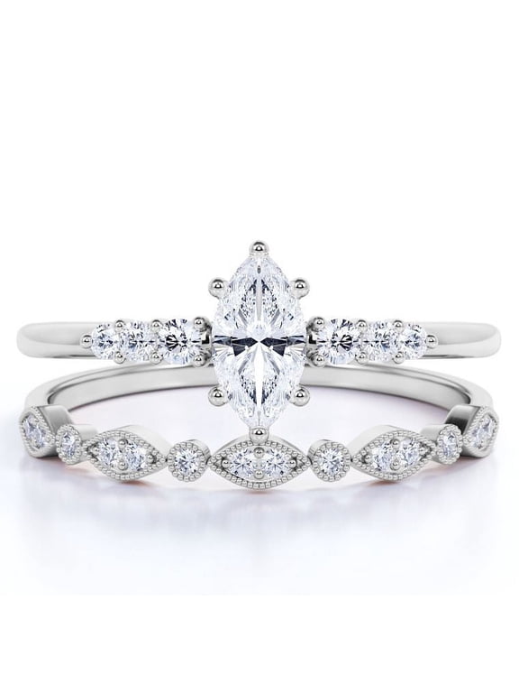 0.75 Carat marquise cut Wedding Ring Set in 18k White Gold Over Silver