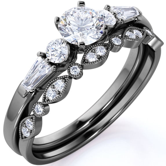 JeenMata 1.50 ct - Circle Cut Moissanite - Vintage - 5 Stone Ring - Art Deco - Scalloped - Wedding Set - 18K Black Gold over Silver