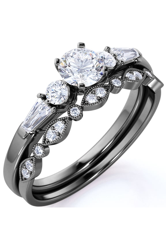 1.50 ct - Circle Cut Moissanite - Vintage - 5 Stone Ring - Art Deco - Scalloped - Wedding Set - 18K Black Gold over Silver