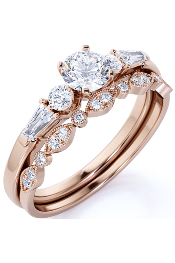 1.50 ct - Circle Cut Moissanite - Vintage - 5 Stone Ring - Art Deco - Scalloped - Wedding Set - 18K Rose Gold over Silver