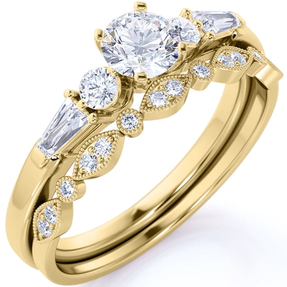 JeenMata 1.50 ct - Circle Cut Moissanite - Vintage - 5 Stone Ring - Art Deco - Scalloped - Wedding Set - 18K Yellow Gold over Silver