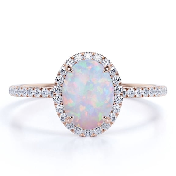 JeenMata 1.50 ct Halo Oval Cut Blue Opal and Moissanite Wedding Ring in 18K Rose Gold over Silver