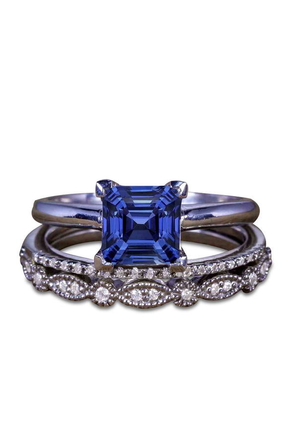 1.50 ct Princess Cut Dark Lab Created Blue Sapphire Vintage Wedding Rings - Trio Bridal Set in 18K Black Gold over Silver