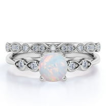 JeenMata 1.50 ct Round Blue Opal and Moissanite Vintage Bridal Ring Set in 18K White Gold over Silver