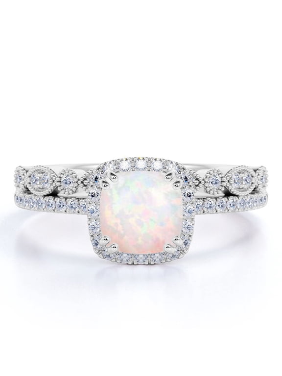 1.50 ct Round Cut Blue Opal and Moissanite Wedding Ring Set in in 18k White Gold over Silver