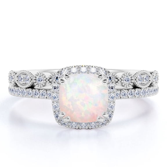 JeenMata 1.50 ct Round Cut Blue Opal and Moissanite Wedding Ring Set in in 18k White Gold over Silver