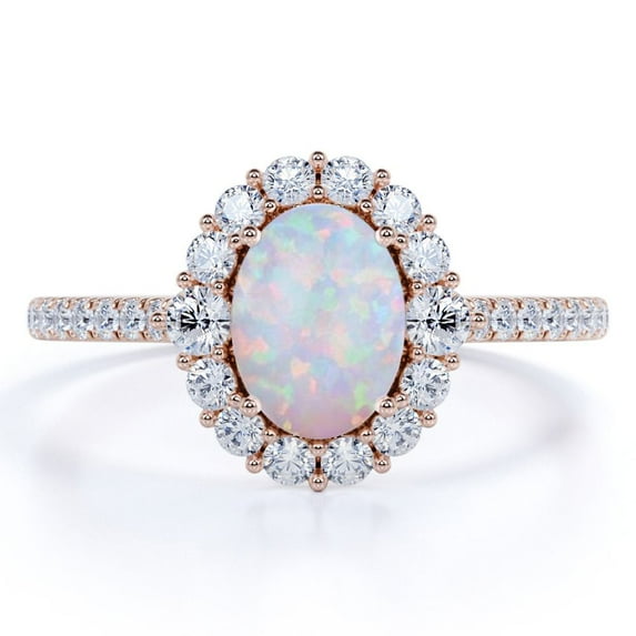 JeenMata 1.50 ct Vintage Halo Oval Blue Opal and Moissanite Solitaire Promise Ring
