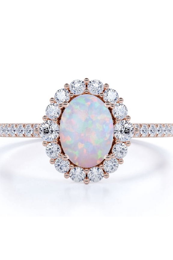 1.50 ct Vintage Halo Oval Blue Opal and Moissanite Solitaire Promise Ring