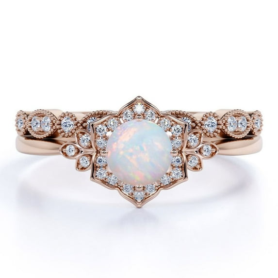 JeenMata 1.50 ct Vintage Real Round Opal and Moissanite Wedding Ring Set in 18K Rose Gold over Silver