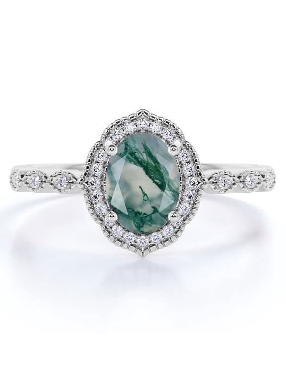 1.75 Carat 4 Prong Halo Oval Cut Milky White Dendritic Moss Green Agate And Moissanite Milgrain Filigree Antique Design Engagement Ring In 18K White Gold Plating Over Silver