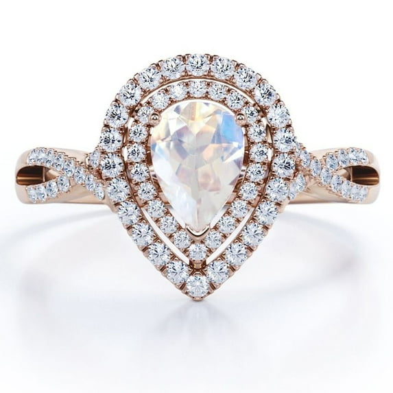JeenMata 1.75 Carat Almond Shape Rainbow Moonstone and Moissanite - Dual Cluster - Pave Twisted Band - Engagement Ring - 18K Rose Gold Plating over Silver