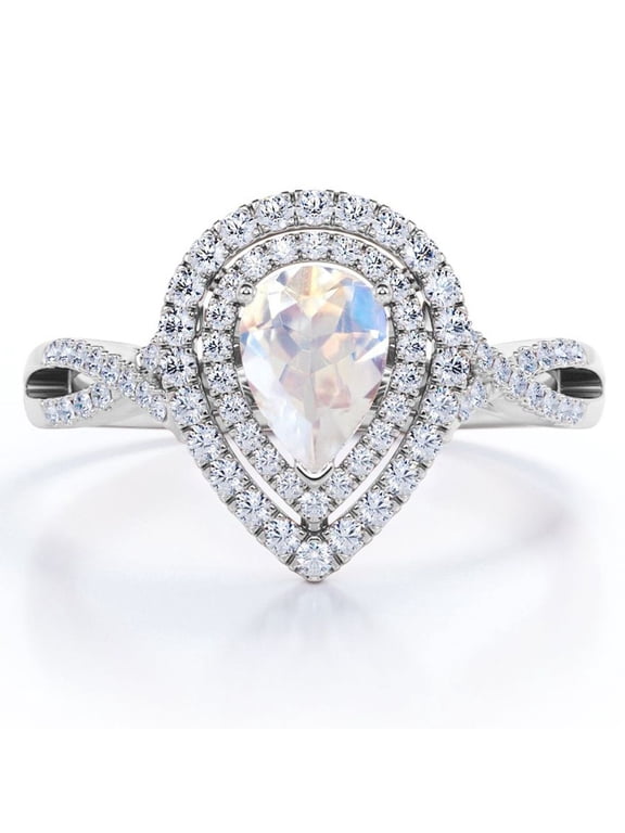 1.75 Carat Almond Shape Rainbow Moonstone and Moissanite - Dual Cluster - Pave Twisted Band - Engagement Ring - 18K White Gold Plating over Silver