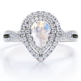thumbnail image 1 of JeenMata 1.75 Carat Almond Shape Rainbow Moonstone and Moissanite - Dual Cluster - Pave Twisted Band - Engagement Ring - 18K White Gold Plating over Silver, 1 of 6