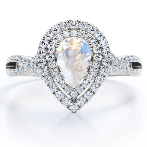 JeenMata 1.75 Carat Almond Shape Rainbow Moonstone and Moissanite - Dual Cluster - Pave Twisted Band - Engagement Ring - 18K White Gold Plating over Silver