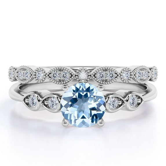 JeenMata 1.75 Carat Art Deco Round Shape Deep Ocean Created Aquamarine And Moissanite Milgrain Filigree Bridal Set In 18K White Gold Plating Over Silver