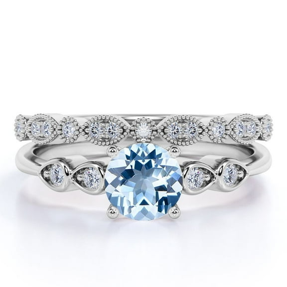 JeenMata 1.75 Carat Art Deco Round Shape Deep Ocean Created Aquamarine And Moissanite Milgrain Filigree Bridal Set In 18K White Gold Plating Over Silver