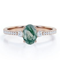 JeenMata 1.75 Carat Cathedral Pave Oval Shape Milky White Druzy Moss Green Agate And Moissanite 4 Prong Triple-Stone Engagement Ring In 18K Rose Gold Plating Over Silver