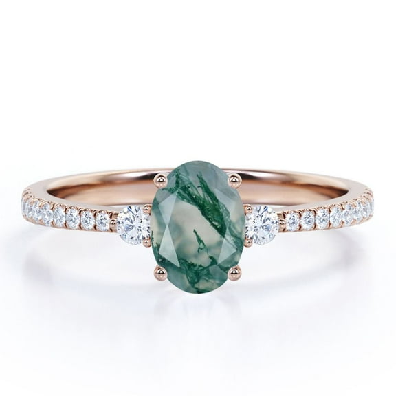 JeenMata 1.75 Carat Cathedral Pave Oval Shape Milky White Druzy Moss Green Agate And Moissanite 4 Prong Triple-Stone Engagement Ring In 18K Rose Gold Plating Over Silver