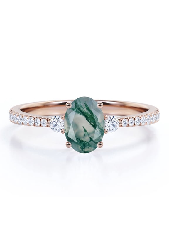 1.75 Carat Cathedral Pave Oval Shape Milky White Druzy Moss Green Agate And Moissanite 4 Prong Triple-Stone Engagement Ring In 18K Rose Gold Plating Over Silver