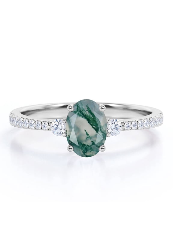 1.75 Carat Cathedral Pave Oval Shape Milky White Druzy Moss Green Agate And Moissanite 4 Prong Triple-Stone Engagement Ring In 18K White Gold Plating Over Silver