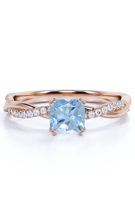 1.75 Carat Cushion Cut Aquamarine and Moissanite Twist Band Engagement Ring in 18K Rose Gold over Silver
