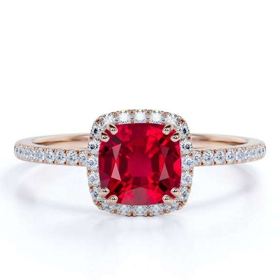 JeenMata 1.75 Carat Cushion Cut Art Deco Pigeon Blood Lab Created Ruby Engagement Ring in 18k Rose Gold over Silver