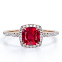 JeenMata 1.75 Carat Cushion Cut Art Deco Pigeon Blood Lab Created Ruby Engagement Ring in 18k Rose Gold over Silver