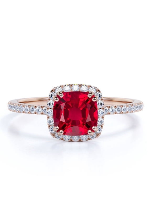 1.75 Carat Cushion Cut Art Deco Pigeon Blood Lab Created Ruby Engagement Ring in 18k Rose Gold over Silver