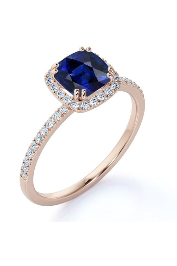 1.75 Carat Cushion Cut Art Deco Sapphire Engagement Ring in 18k Rose Gold over Silver