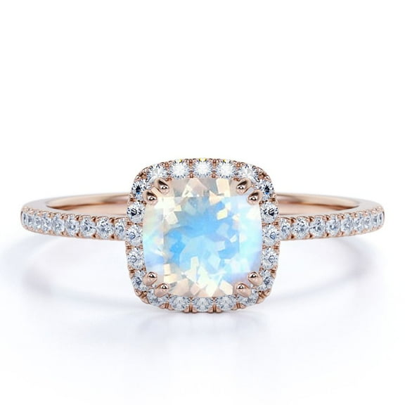 JeenMata 1.75 Carat Cushion Cut Blue Moonstone and Moissanite Halo Engagement Ring in 18k Rose Gold over Silver