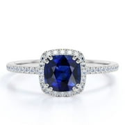 JeenMata 1.75 Carat Cushion Cut Ice Lab Created Blue Sapphire Birthstone Wedding Ring in 18k White Gold Over Silver