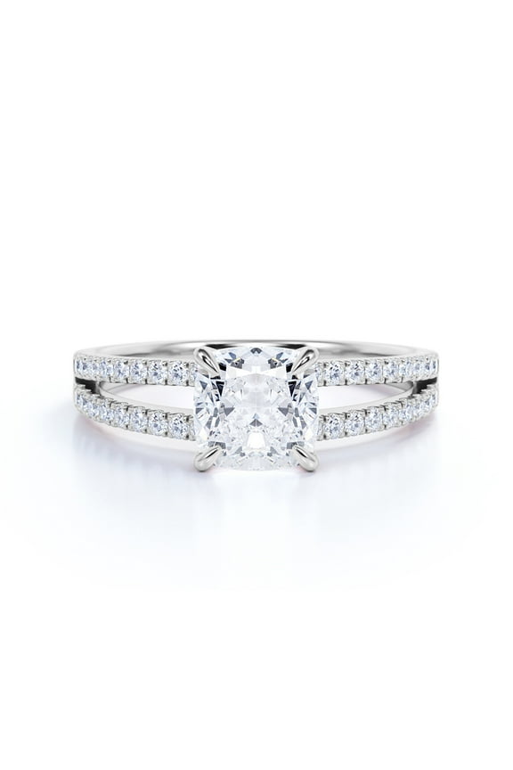1.75 Carat Cushion Cut Moissanite Engagement Ring - Bridal Set - Cluster Ring - Split Shank Ring - 18k White Gold Over Silver