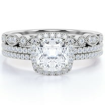 JeenMata 1.75 Carat Cushion Cut Moissanite Halo Trio Wedding Set - Art Deco Bands - in 18k White Gold Over Silver
