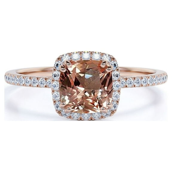 JeenMata 1.75 Carat Cushion Cut created morganite Halo Engagement Ring in 18k Rose Gold over Silver