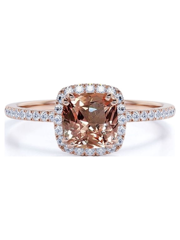 1.75 Carat Cushion Cut created morganite Halo Engagement Ring in 18k Rose Gold over Silver