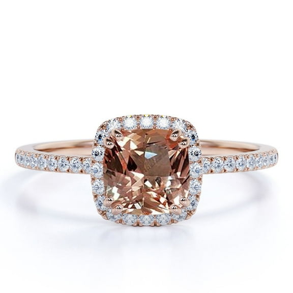 JeenMata 1.75 Carat Cushion Cut created morganite and Moissanite Halo Engagement Ring On 18K Rose Gold Over Silver